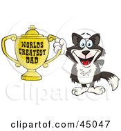 Border Collie Dog Character Holding A Golden Worlds Greatest Dad Trophy