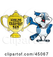Poster, Art Print Of Blue Jay Character Holding A Golden Worlds Greatest Dad Trophy