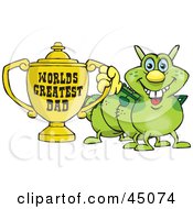 Green Caterpillar Character Holding A Golden Worlds Greatest Dad Trophy