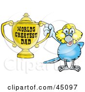 Royalty Free RF Clipart Illustration Of A Budgie Bird Character Holding A Golden Worlds Greatest Dad Trophy by Dennis Holmes Designs