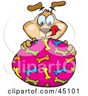 Poster, Art Print Of Dog Character Eyeing A Pink Easter Egg With A Bone Pattern