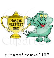 Poster, Art Print Of Green Stegosaur Dino Character Holding A Golden Worlds Greatest Dad Trophy