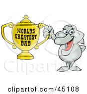 Poster, Art Print Of Dolphin Character Holding A Golden Worlds Greatest Dad Trophy
