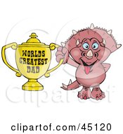 Royalty Free RF Clipart Illustration Of A Pink Triceratops Dino Character Holding A Golden Worlds Greatest Dad Trophy by Dennis Holmes Designs