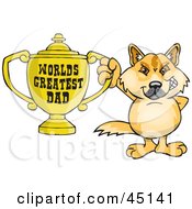 Dingo Character Holding A Golden Worlds Greatest Dad Trophy