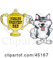 Husky Dog Character Holding A Golden Worlds Greatest Dad Trophy
