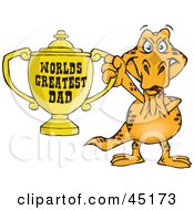 Goanna Lizard Character Holding A Golden Worlds Greatest Dad Trophy