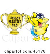 Poster, Art Print Of Yellow Marine Fish Character Holding A Golden Worlds Greatest Dad Trophy