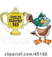 Royalty Free RF Clipart Illustration Of A Male Mallard Duck Character Holding A Golden Worlds Greatest Dad Trophy