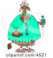 Female Nurse Cow Holding A Syringe And A Bottle Of Peroxide Clipart
