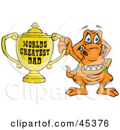 Poster, Art Print Of T Rex Dino Character Holding A Golden Worlds Greatest Dad Trophy