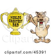 Poster, Art Print Of Sabre Tooth Tiger Character Holding A Golden Worlds Greatest Dad Trophy