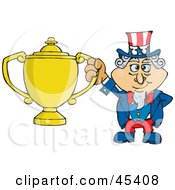 Royalty Free RF Clipart Illustration Of An Uncle Sam Character Holding A Golden Trophy by Dennis Holmes Designs