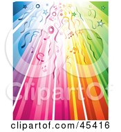 Poster, Art Print Of Rainbow Party Background With Streamers Circles Stars And Music Notes