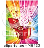 Royalty Free RF Clipart Illustration Of Streamers Stars And Music Notes Bursting From A Present On A Rainbow Background