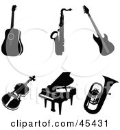 Digital Collage Of Six Black Musical Instruments