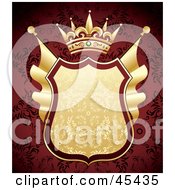 Heraldic Golden Shield With A Crown On An Ornate Red Background