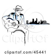 Poster, Art Print Of Black And Blue Man Sitting Near A City And Playing A Guitar