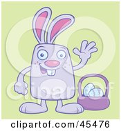 Poster, Art Print Of Waving Bunny Standing By Easter Eggs And A Basket