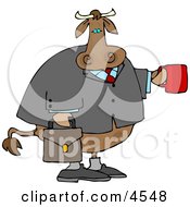 Poster, Art Print Of Business Cow Carrying A Briefcase And Holding A Cup Of Coffee