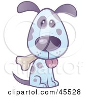 Poster, Art Print Of Happy Blue And Purple Puppy Sitting And Nibbling On A Bone