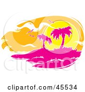 Seagulls Flying Against An Orange Sunset Over A Pink Tropical Island