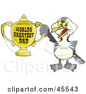 Shag Bird Character Holding A Golden Worlds Greatest Dad Trophy