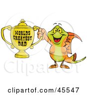 Swordtail Fish Character Holding A Golden Worlds Greatest Dad Trophy