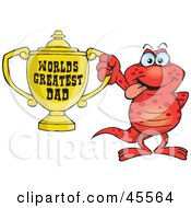 Poster, Art Print Of Red Salamander Character Holding A Golden Worlds Greatest Dad Trophy