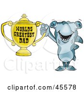 Poster, Art Print Of Hammerhead Shark Character Holding A Golden Worlds Greatest Dad Trophy