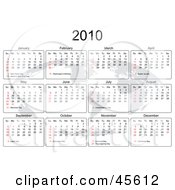 Royalty Free RF Clipart Illustration Of A 2010 Yearly Calendar With A Faded Atlas On White