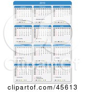 Poster, Art Print Of Blue And White 2010 Yearly Calendar With The Week Days Starting On Sunday