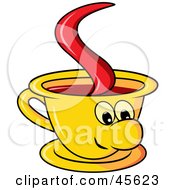 Royalty Free RF Clipart Illustration Of A Happy Yellow Coffee Cup Character With Steamy Hot Coffee On A White Background