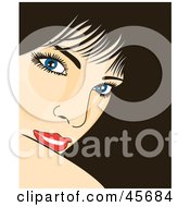 Poster, Art Print Of Pretty Woman With Black Hair Red Lips Blue Eyes And Long Lashes Looking Over Her Shoulder