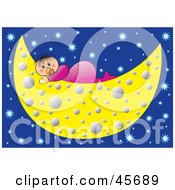 Royalty-free (RF) Clipart Illustration of a Blue Eyed Baby Sucking On A Pacifier And Resting On A Crescent Moon by pauloribau #COLLC45689-0129