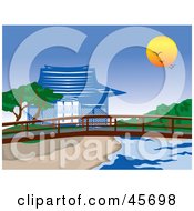Poster, Art Print Of Sun And Birds Above An Asian Pagoda And Footbridge On A Creek