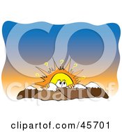 Royalty Free RF Clipart Illustration Of A Confused Sun Setting Or Rising Behind Mountains