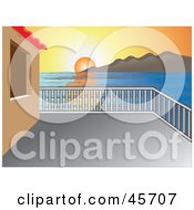 Royalty Free RF Clipart Illustration Of A Balcony View Of A Sun Setting Or Rising Over The Horizon With Water And Mountains by pauloribau