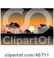 Poster, Art Print Of Orange Safari Sunset Silhouetting Animals And Trees