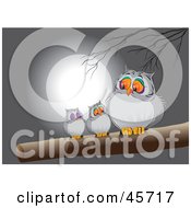Royalty Free RF Clipart Illustration Of A Perched Owl Family On A Tree Branch Against A Full Moon