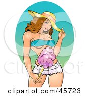 Poster, Art Print Of Sexy Dirty Blond Pinup Woman In Short Shorts Holding Cotton Candy