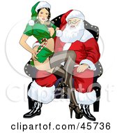Sexy Pinup Woman In An Elf Uniform Sitting On Santas Lap