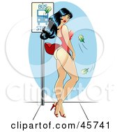 Poster, Art Print Of Sexy Pinup Woman Waiting At A Bus Top Her Dress Blowing Up In The Wind