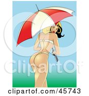Poster, Art Print Of Sexy Pinup Woman In A White Daisy Thong Swimsuit Walking With An Umbrella