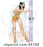 Nude And Wet Sexy Pinup Woman Holding A Small Towel And Opening The Door After Getting Out Of A Shower