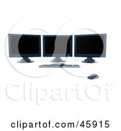 Poster, Art Print Of Modern Workstation With Three Black Computer Screens