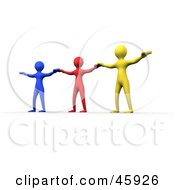 Three Diverse Colorful People Holding Their Arms Out To Each Other