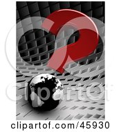 Poster, Art Print Of Red 3d Question Mark Above A Black And White Globe On A Chrome Background