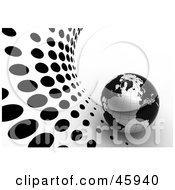 Royalty Free RF Clipart Illustration Of A 3d Globe With Blank Continents And Silver Oceans On A White And Black Dotted Halftone Background by chrisroll #COLLC45940-0134