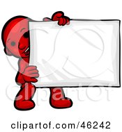 Royalty Free RF Clipart Illustration Of A Red Smartoon Character Crouching And Holding A Blank Sign by Tonis Pan
